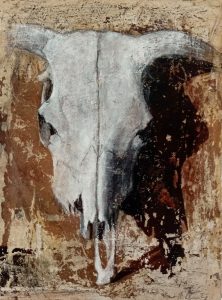 Cráneo 28x20cm. Collage y t. mixta sobre madera.